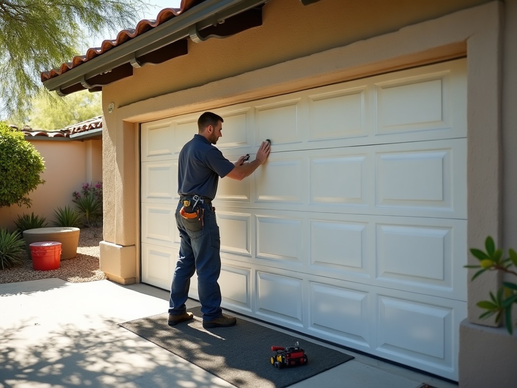 Choosing the Right Garage Door Material: Without Overcomplicating It Technician performing a garage door safety inspection on a steel garage door at a Phoenix metro home