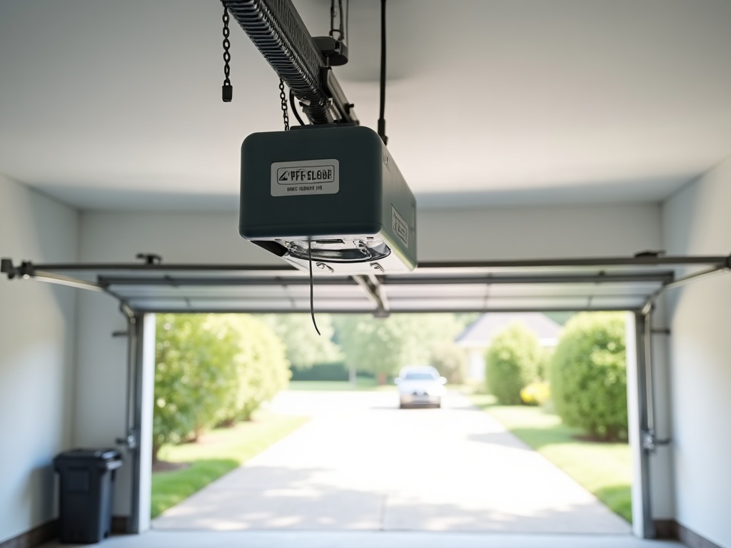 Residential garage interior showing a ceiling-mounted opener unit and safety sensors along the tracks, illustrating key garage door safety components in a modern home garage