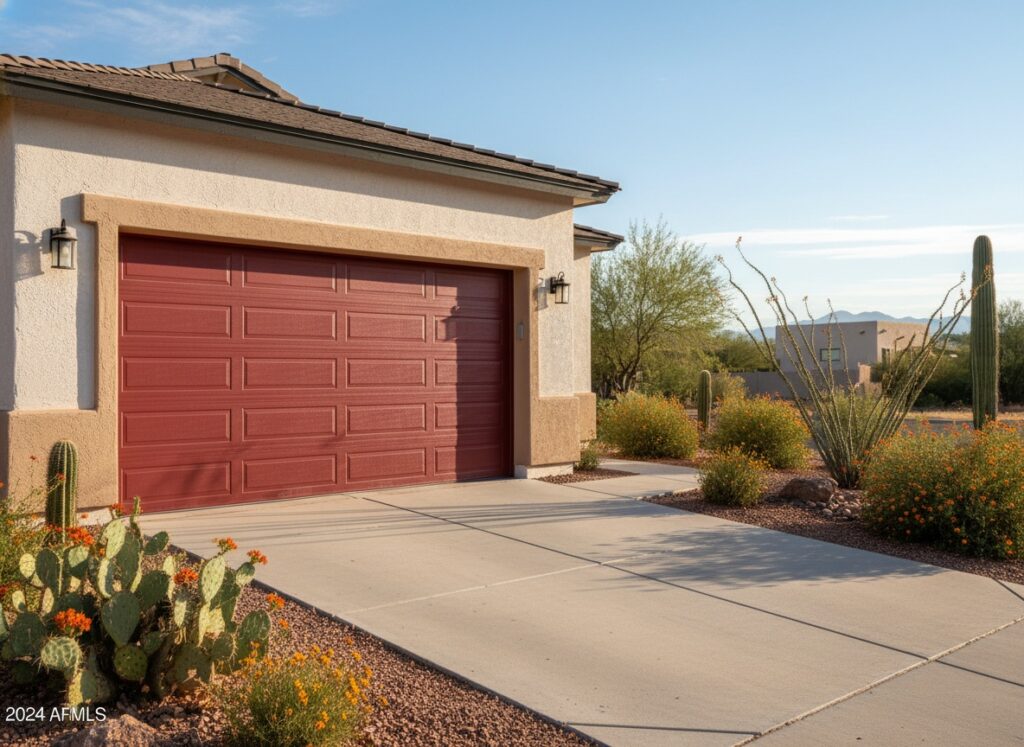 A red raised-panel garage door on a tan stucco home surrounded by desert landscaping including cacti and drought-tolerant shrubs.