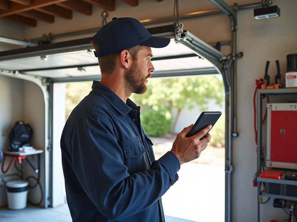 A garage door technician inspecting the roller track on a residential door during a garage door upgrade evaluation