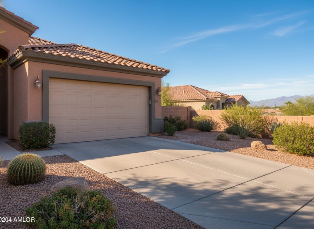 Garage Door Issues Homeowners Ignore — And Why They Shouldn't A tan single-car garage door on a stucco home with a concrete driveway surrounded by desert landscaping and mountain views in the background.