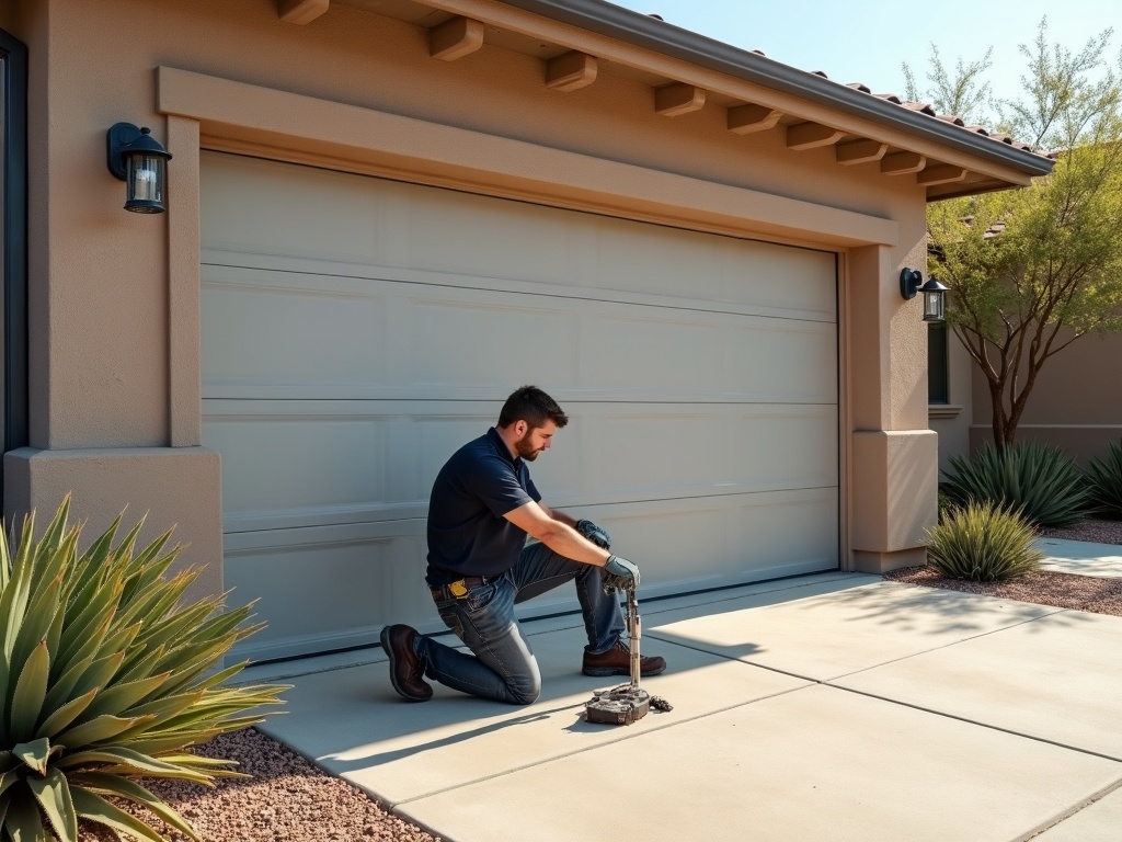 Technician kneeling beside the lower panel of a modern steel residential garage door performing a garage door inspection on a stucco home with desert landscaping