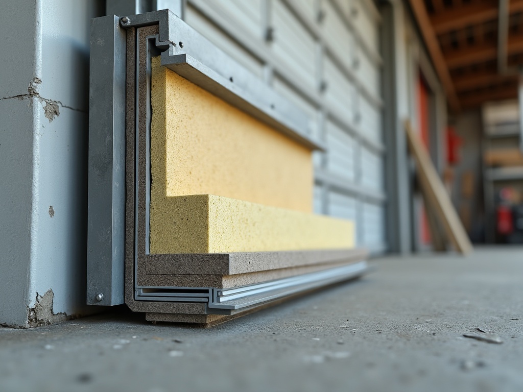 Close-up of an insulated steel garage door panel showing layered foam-core construction detail as part of a garage door inspection on a sunny Phoenix day