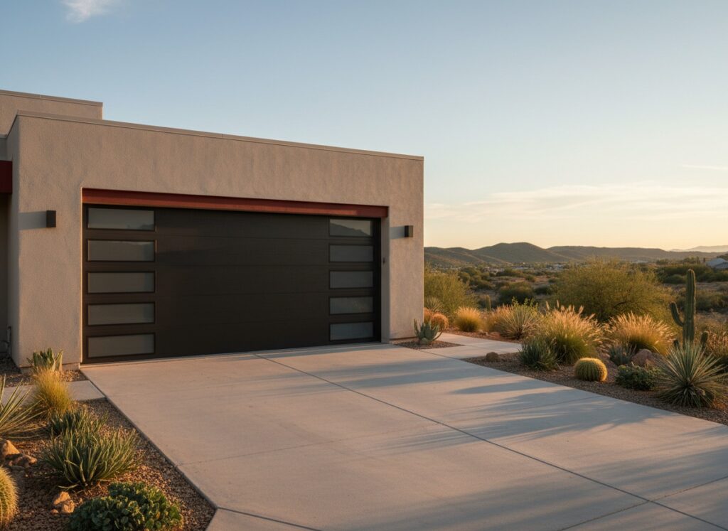 A sleek dark brown modern garage door with frosted glass panel inserts on a contemporary stucco home surrounded by desert landscaping at sunset.