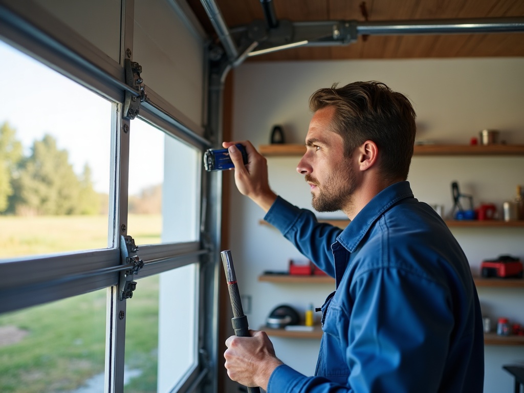 A garage door technician performing a garage door safety inspection on torsion springs and cable hardware of a residential two-car garage door