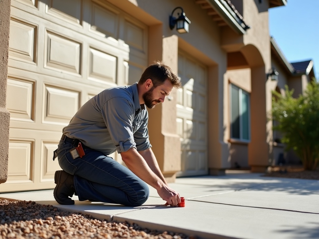 Garage Door Insulation Benefits: Explained in Simple Terms A technician performing a garage door installation inspection beside an insulated garage door track on a desert-landscaped home