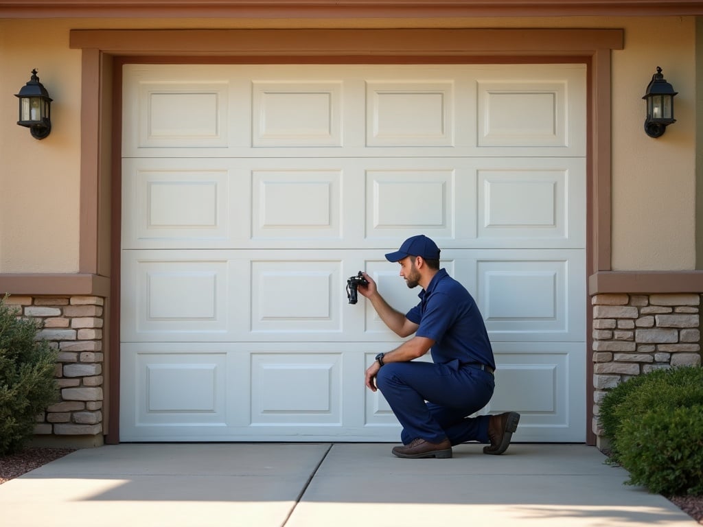 Technician performing garage door spring repair on a white residential garage door inside a clean Arizona suburban garage