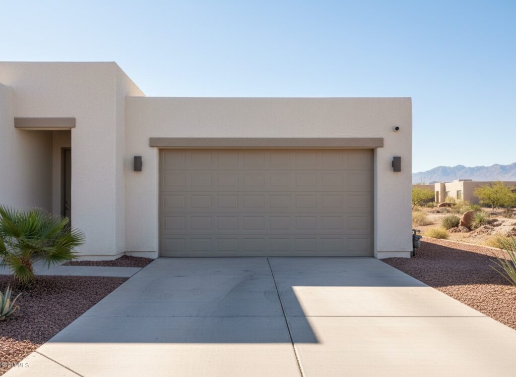 What Most Homeowners Miss About a Garage Door That Opens Then Reverses — And How to Stop It A tan sectional garage door on a modern stucco home with a concrete driveway and desert landscaping in the background.