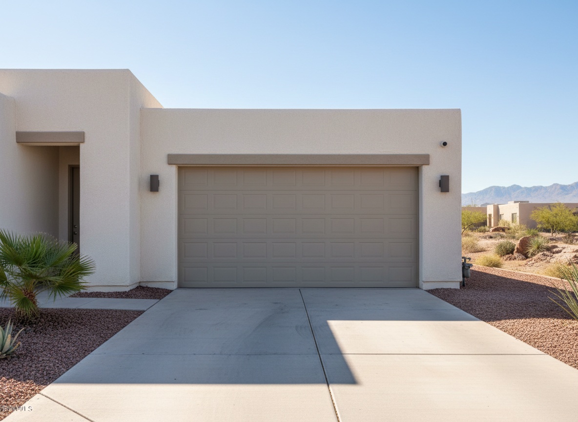 A tan sectional garage door on a modern stucco home with a concrete driveway and desert landscaping in the background.