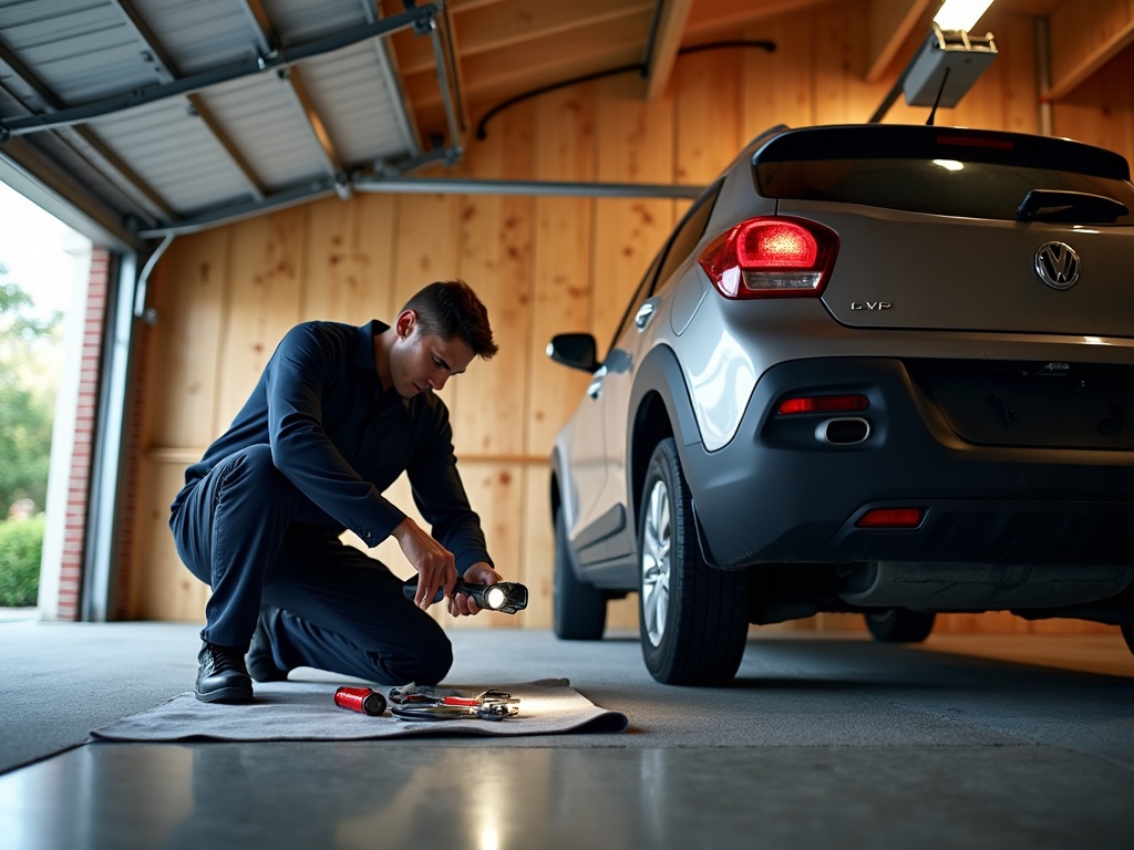 A technician inspecting a broken torsion spring during an emergency garage door repair visit at a Phoenix-area home
