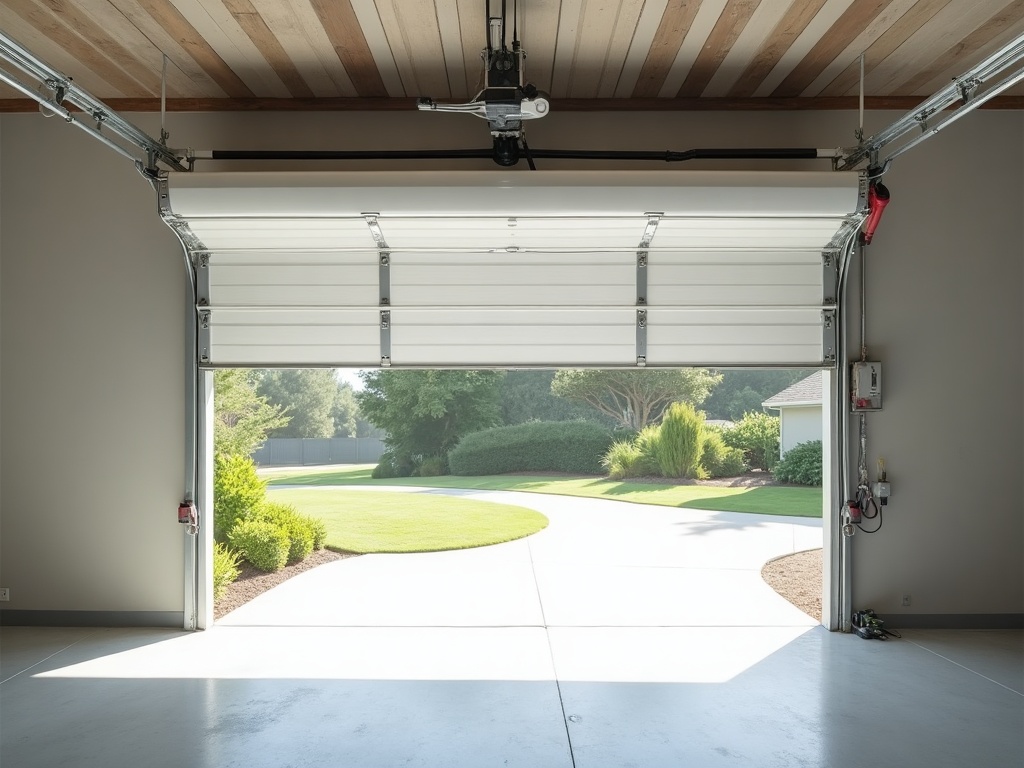 Close-up of a garage door spring repair component — the torsion spring bar and cable drum — mounted above a white residential garage door in a Phoenix home