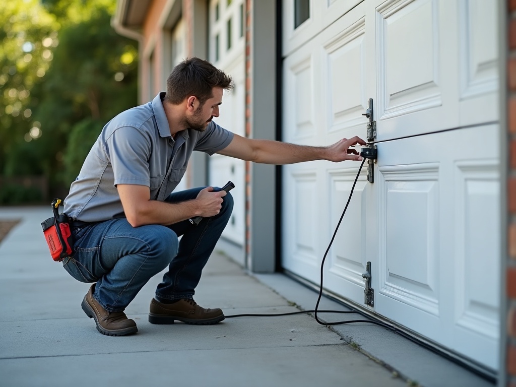 A technician performing a garage door spring repair inspection on the cable bracket and roller of a white residential garage door inside a clean Phoenix area garage