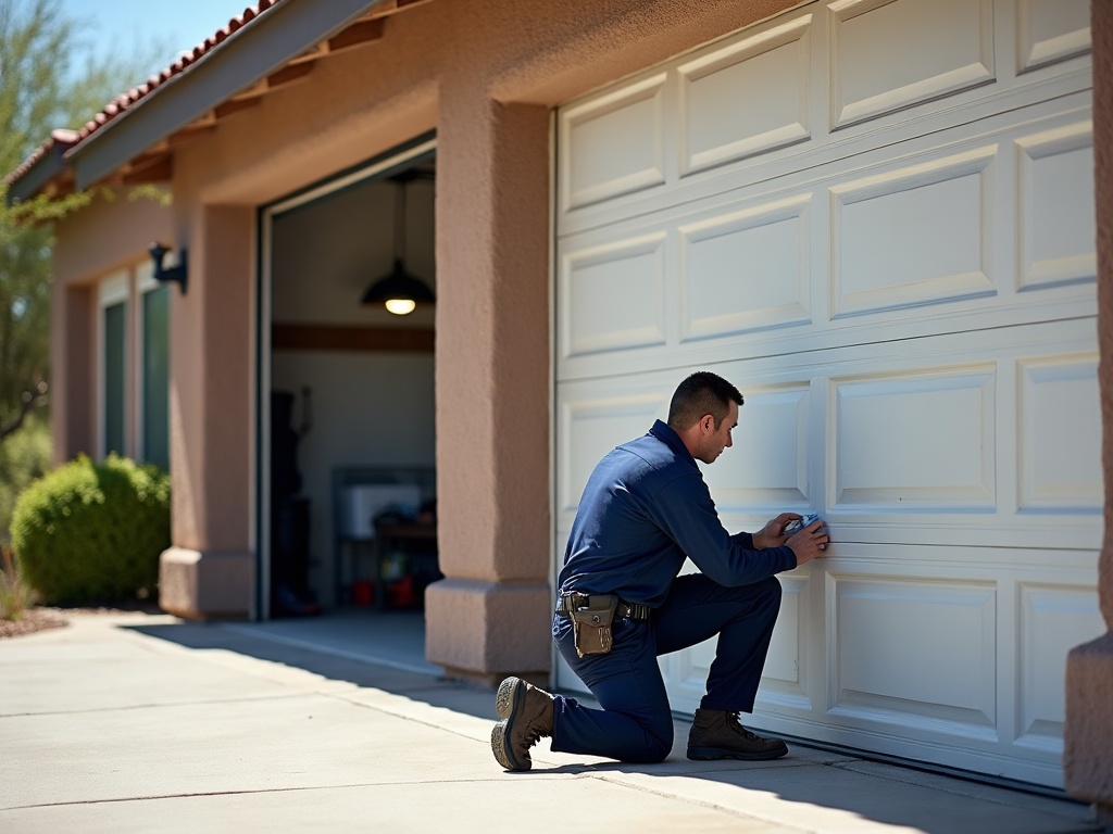 What It Means When Your Garage Door Slams Shut — And Why You Should Fix It Before It Gets Worse Technician inspecting a garage door maintenance near me system on a residential garage door in a Phoenix-area home, examining torsion springs and cables