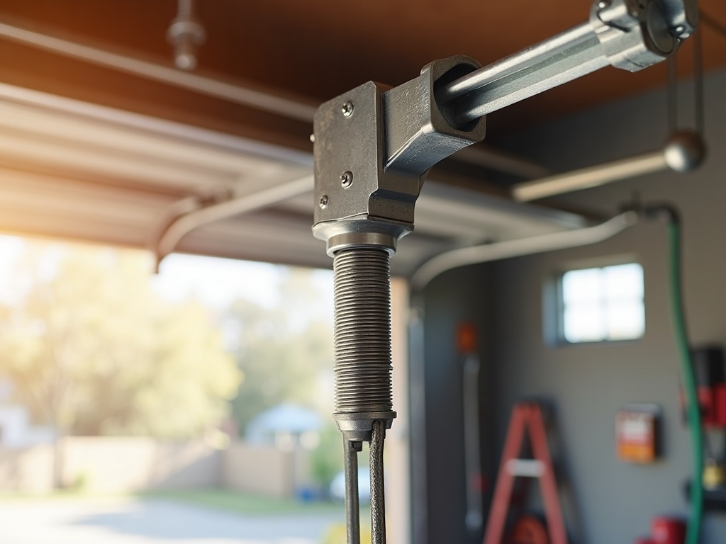 What It Means When Your Garage Door Slams Shut — And Why You Should Fix It Before It Gets Worse Close-up of a garage door spring and cable drum assembly during a garage door maintenance near me service call, warm Arizona sunlight illuminating the hardware detail