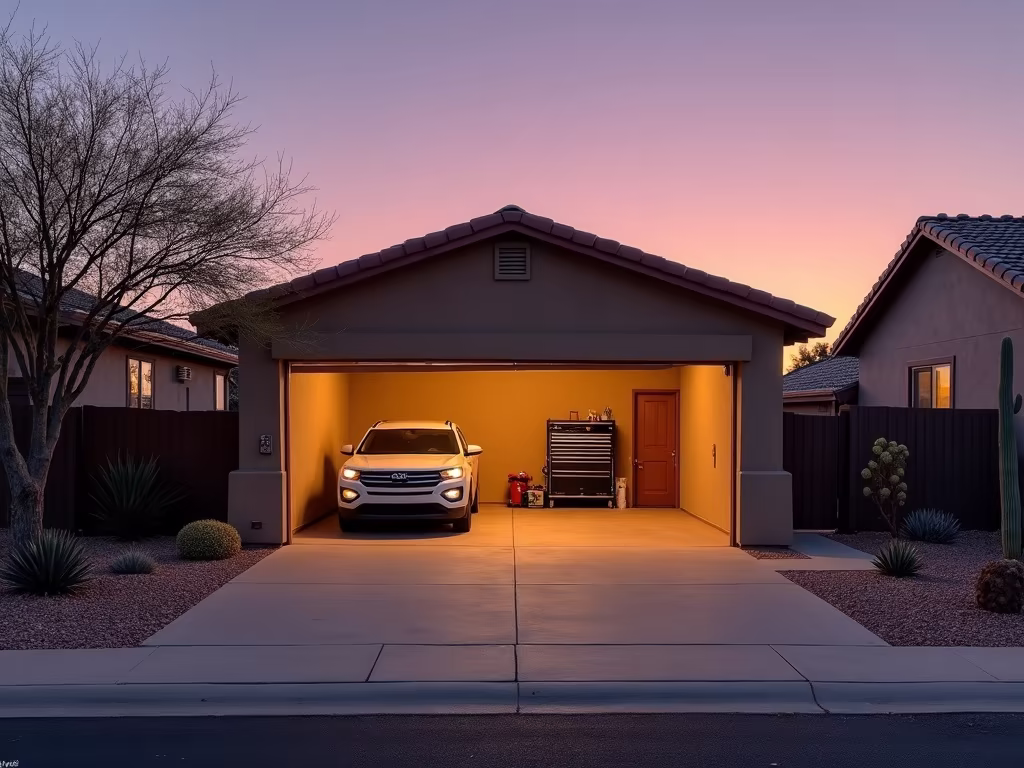 A residential garage door stuck open at dusk in the Phoenix metro area, illustrating the urgent need for same day garage door repair before nightfall.