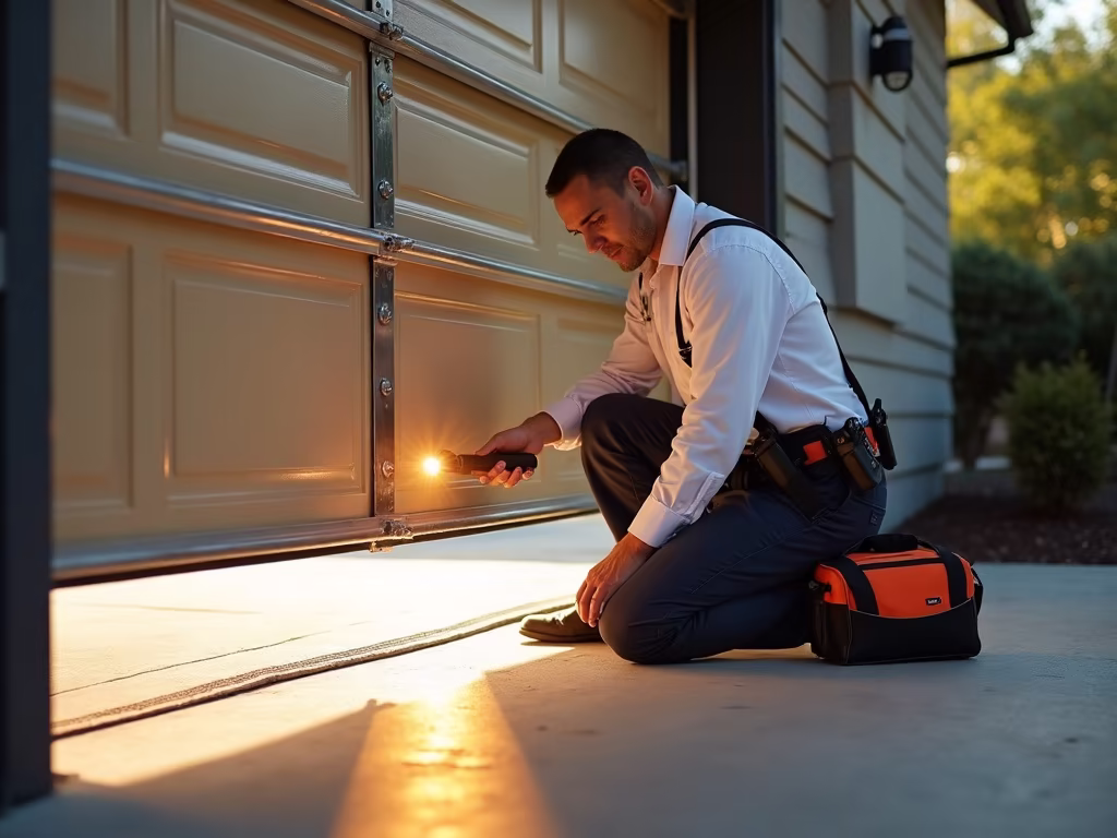 A residential garage door stuck open at dusk in the Phoenix metro area, illustrating the urgent need for same day garage door repair before nightfall.