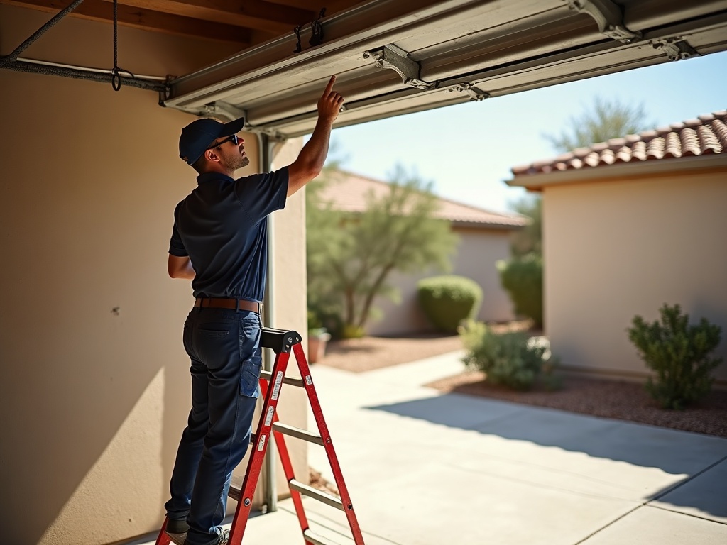 Garage Door Issues Homeowners Ignore — and How Fixing Them Early Could Save You Real Money A technician in a navy uniform stands on a red ladder while adjusting the overhead track of a residential garage door in a desert landscaped home.