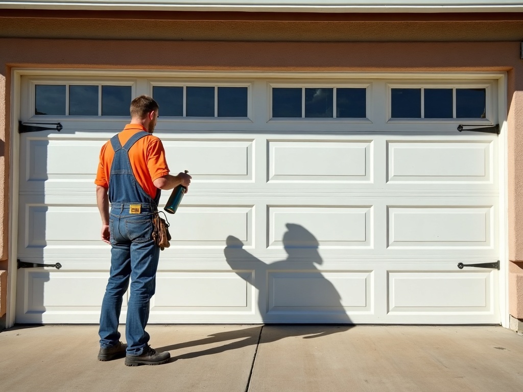 A garage door technician inspecting torsion springs during a garage door safety check at a Phoenix metro home