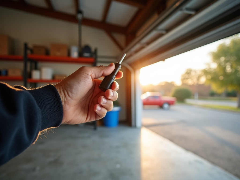 A garage door technician inspecting torsion springs during a garage door safety check at a Phoenix metro home