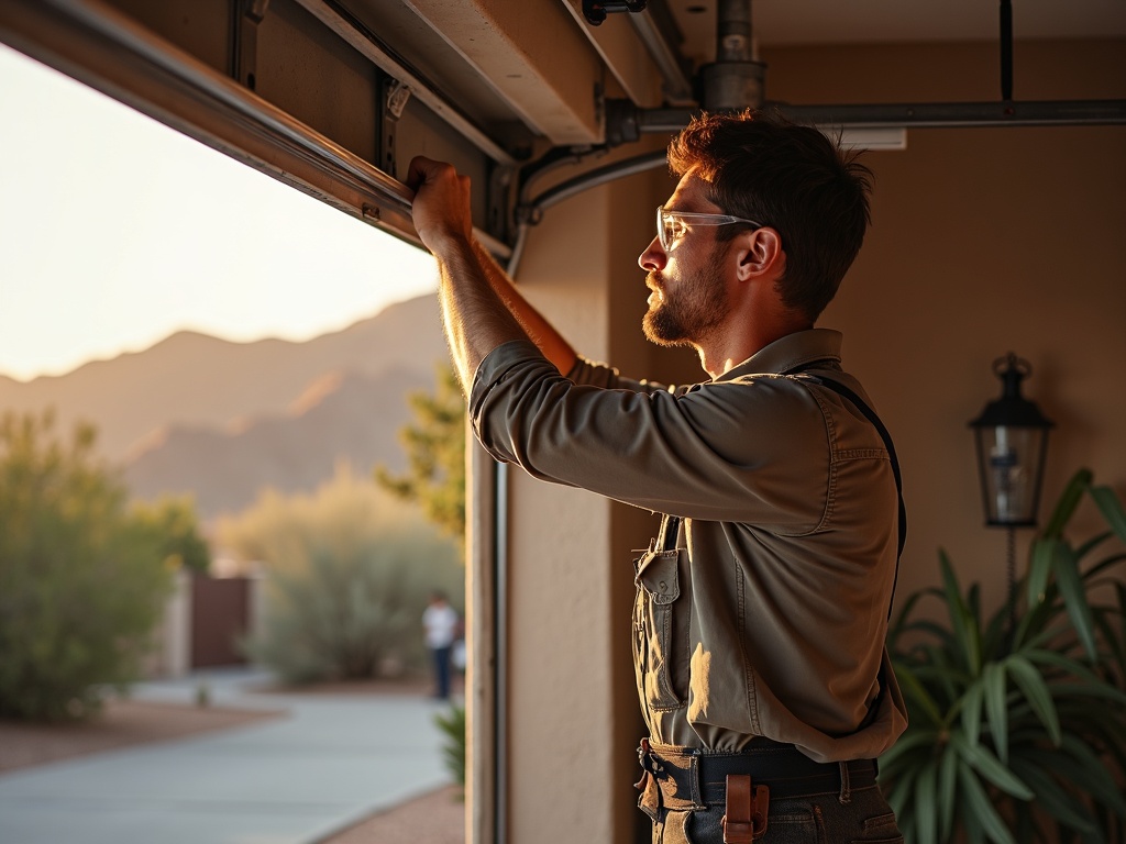 A garage door repair technician inspecting a torsion spring on a home in the Verrado neighborhood of Buckeye, AZ