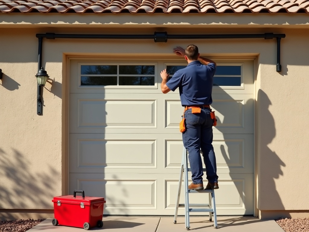 A local garage door repair professional performing a garage door spring repair on a residential home near 115th Avenue in Cashion, AZ
