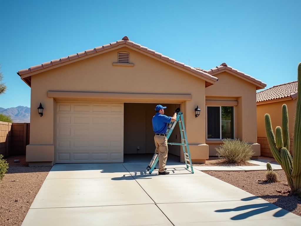 A garage door technician performing garage door repair on a custom single-family home in the Tatum Ranch neighborhood of Cave Creek, Arizona, with desert mountain views in the background