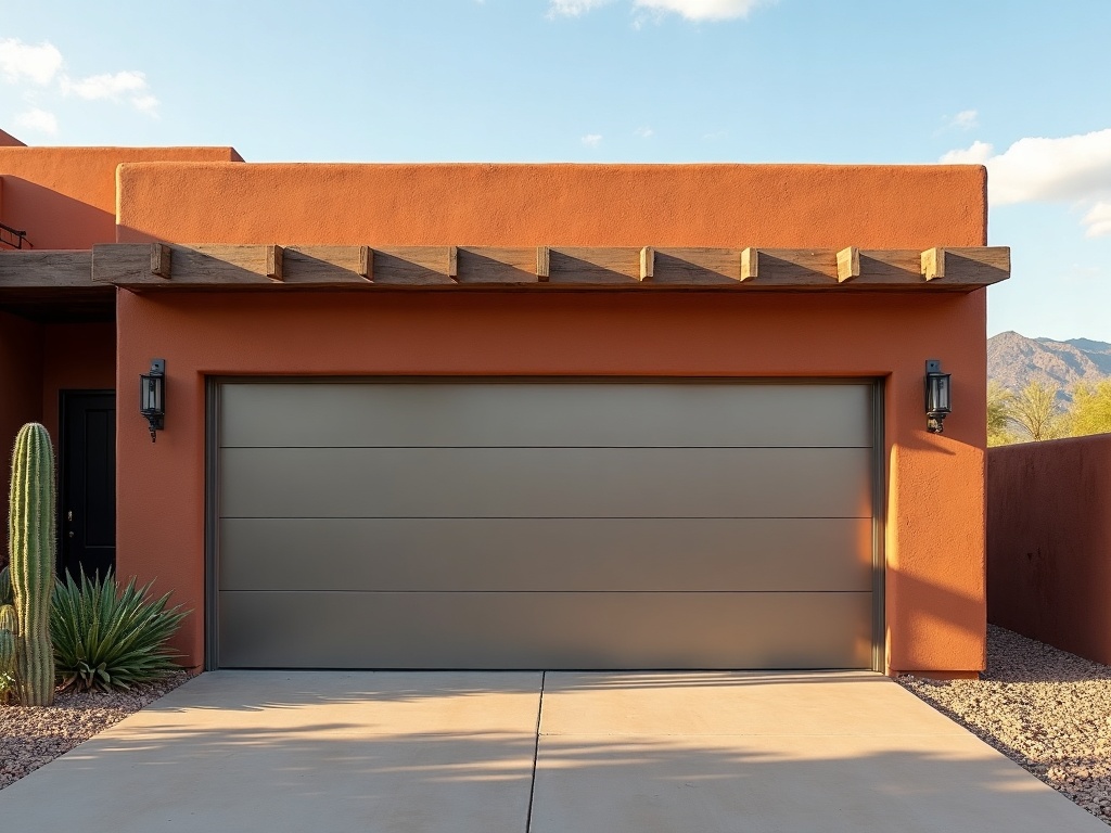 A pristine insulated garage door freshly installed on a luxury desert home in Cave Creek Arizona near Rancho Mañana, showcasing quality garage door repair craftsmanship