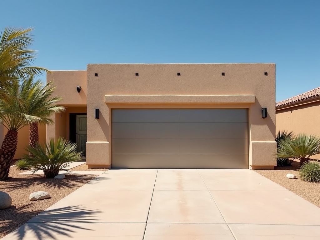 A freshly installed garage door as part of a garage door installation service on a large-lot property in the Chandler Heights area of Arizona