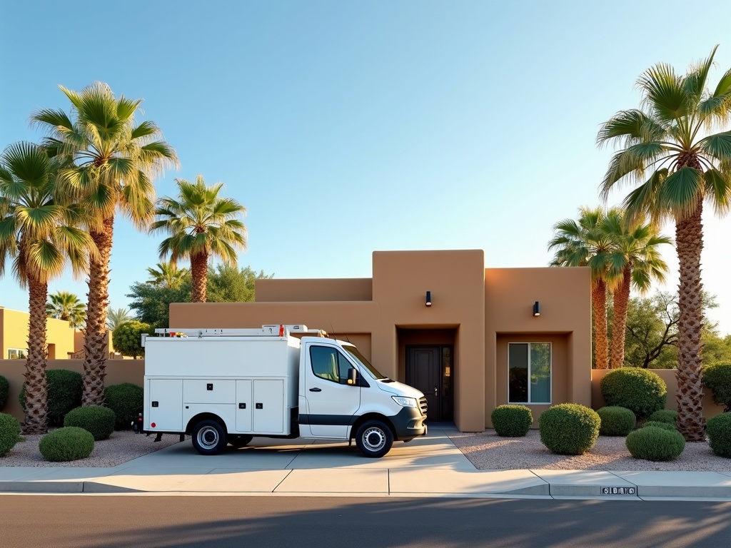 A garage door repair service truck parked in front of a home in the Fulton Ranch area of Chandler Arizona ready for same day garage door repair