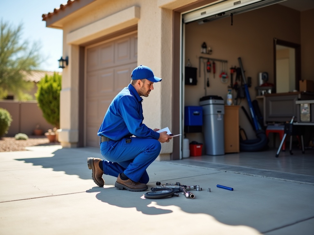 A garage door repair technician performing a professional garage door repair on a stucco home in El Mirage, AZ
