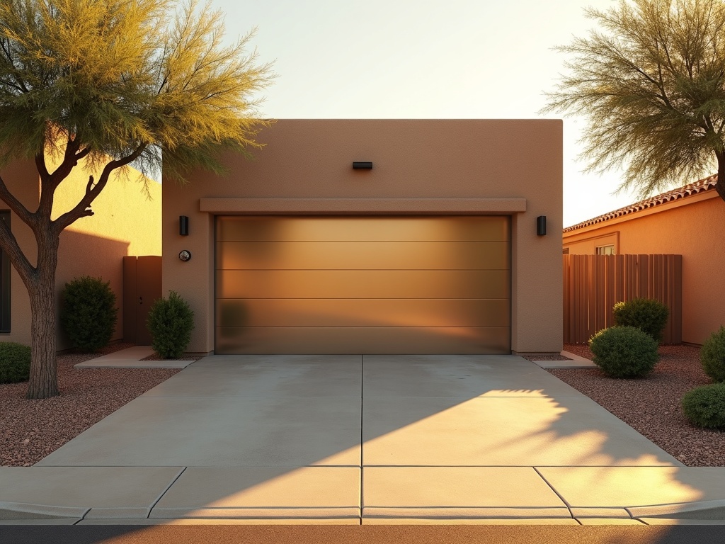 A garage door repair technician completing work on a new steel garage door in a Litchfield Park residential neighborhood near Camelback Road