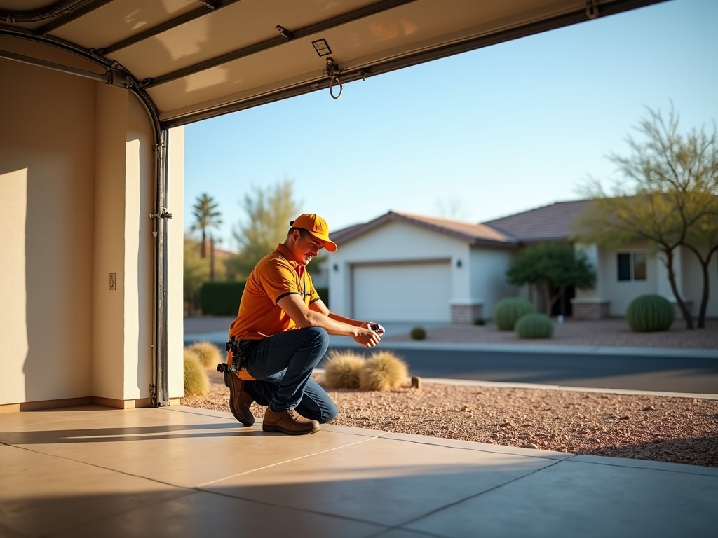 Professional garage door repair service being performed on a garage door near Wigwam Boulevard in Litchfield Park, Arizona