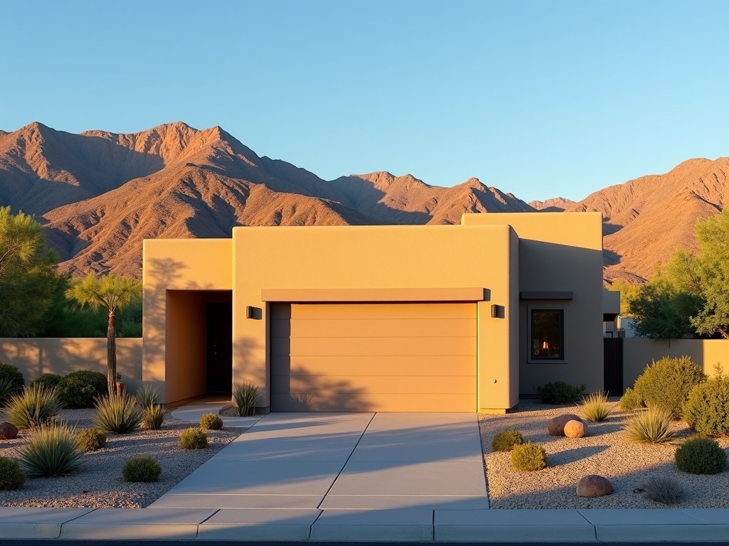 A technician completing a professional garage door repair on a Las Sendas Mesa Arizona home with desert landscaping