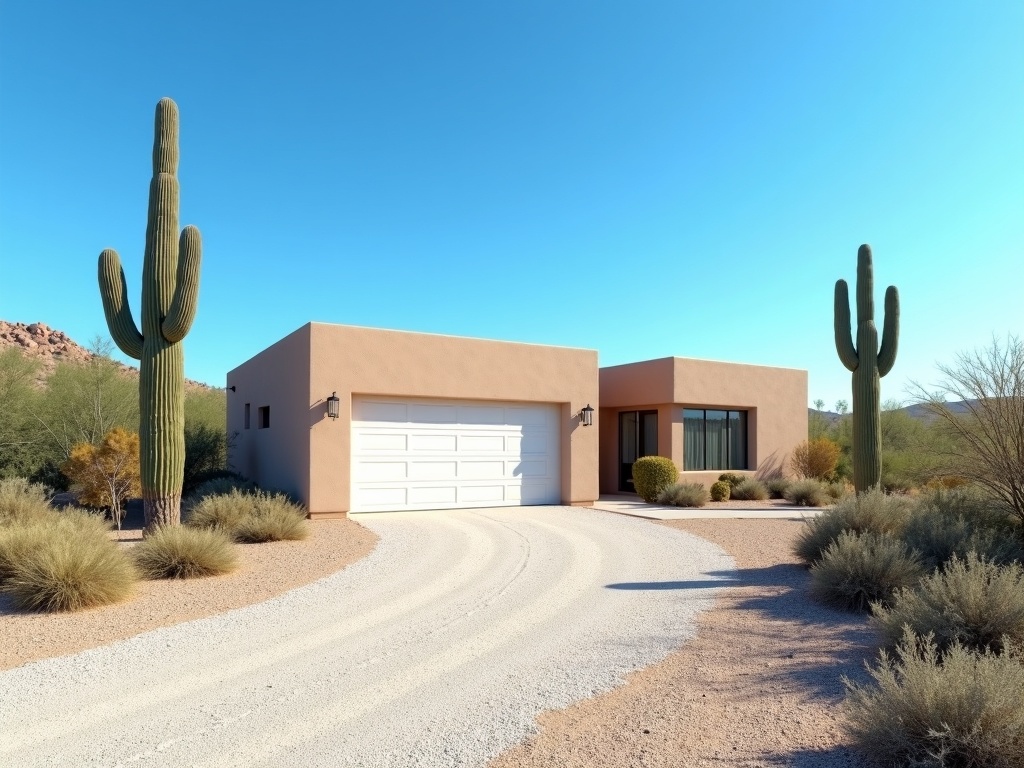 A technician completing a garage door repair on a ranch-style home near the Circle City area of Morristown, AZ
