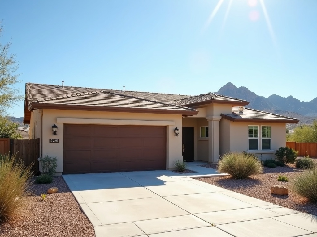 A professional garage door repair technician servicing a carriage-house door on a New River AZ custom home near Daisy Mountain