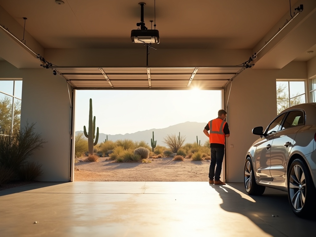 A garage door repair service being performed on a Desert Hills New River AZ home with a wide acreage lot and open desert views