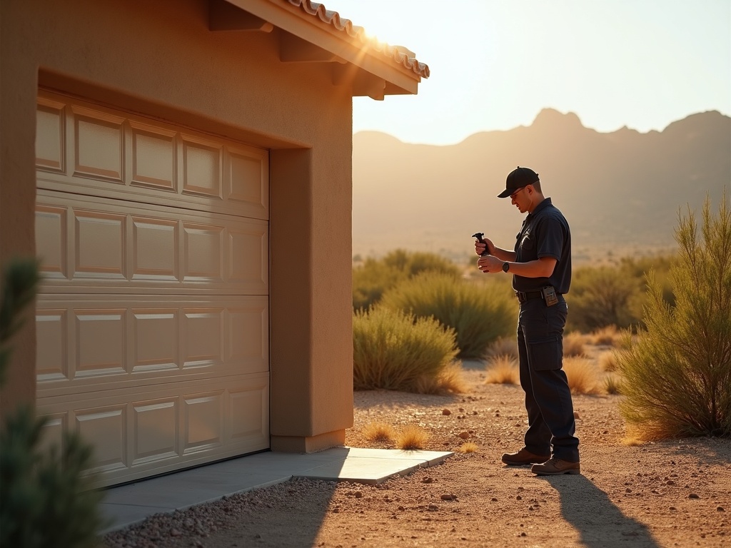 A garage door technician performing a professional garage door repair on a custom desert home near the McDowell Mountain Regional Park in Rio Verde, Arizona