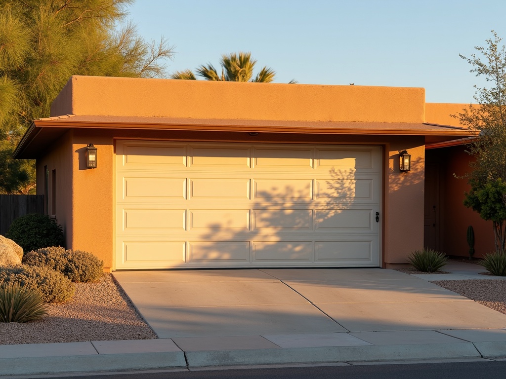 A licensed garage door repair technician completing a garage door repair on a classic Del Webb-era home near Del Webb Boulevard in Sun City, AZ