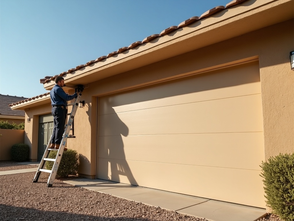 A garage door repair service being performed on a Sun City AZ home near the R.H. Johnson Recreation Center area, clear Arizona sky overhead