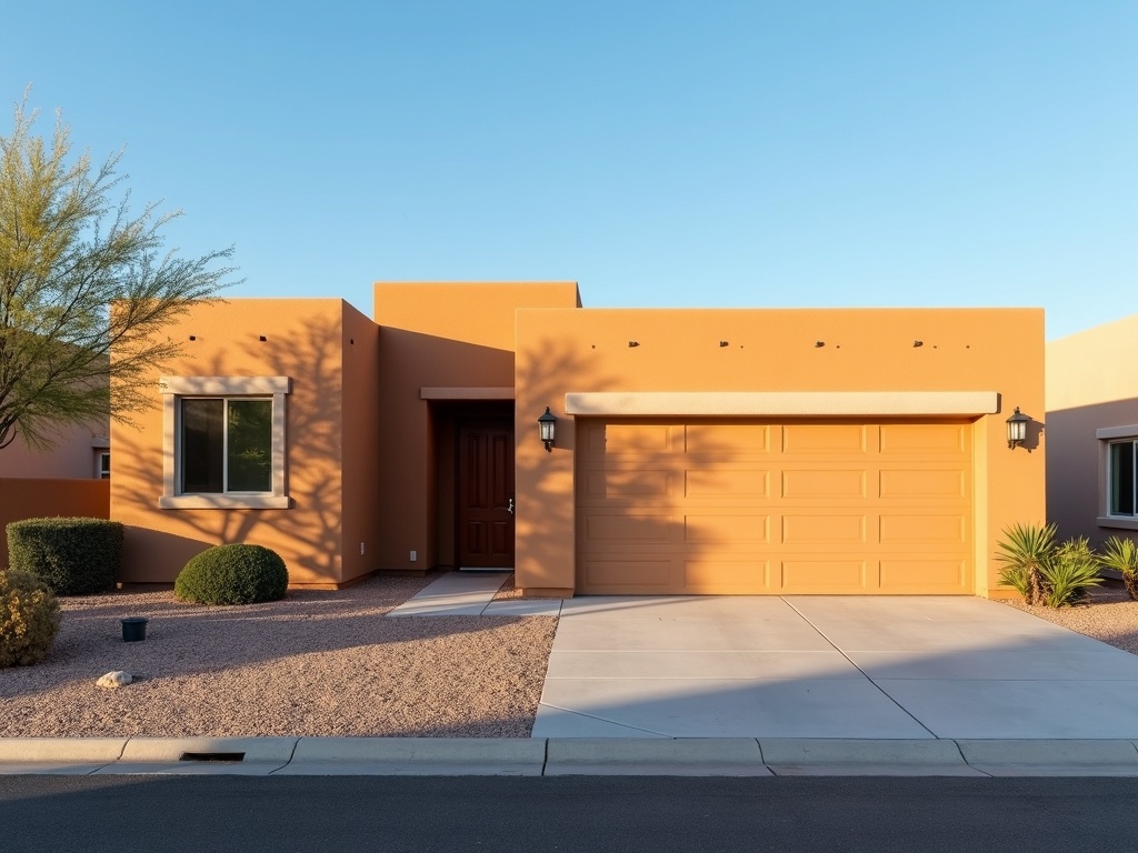Professional garage door repair technician inspecting a residential garage door on a sunny street in Tolleson Arizona
