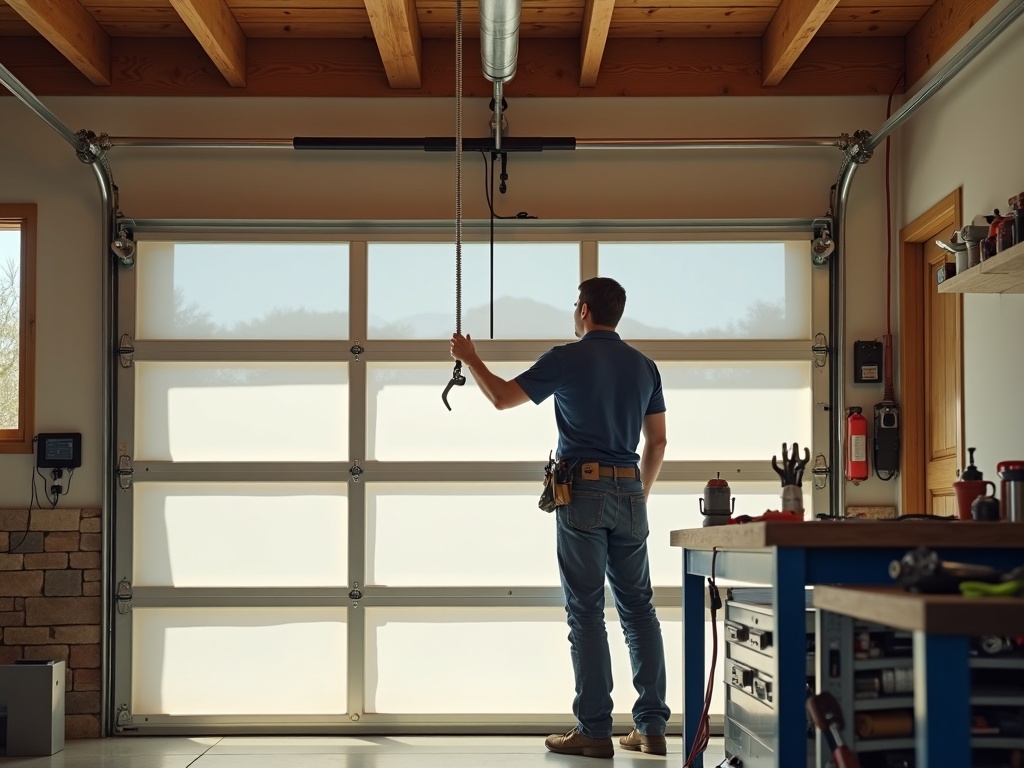 A garage door repair service call in progress near Lower Buckeye Road in Tolleson Arizona with a technician checking torsion springs