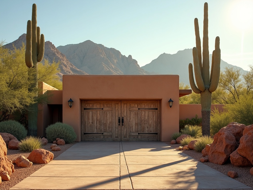 A well-maintained garage door on a desert home near Tortilla Flat AZ, showing quality garage door repair craftsmanship in the Superstition Mountains foothills