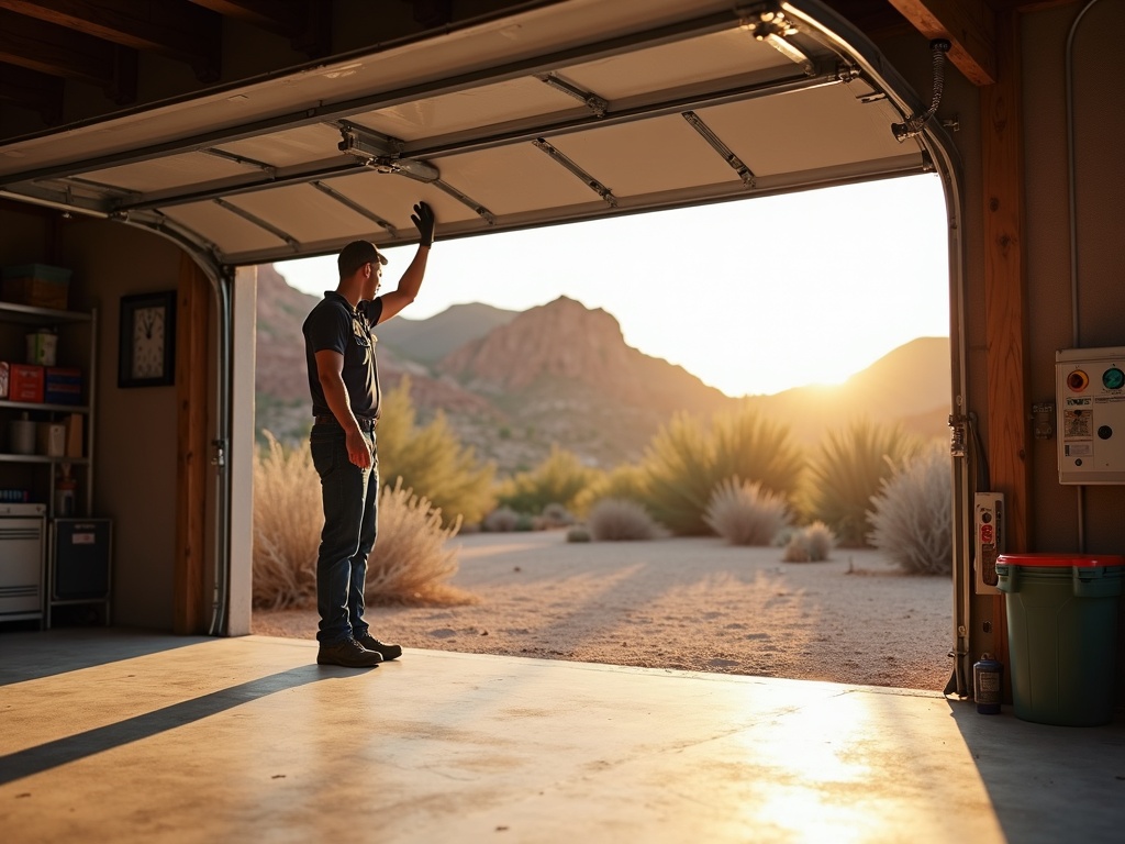 A garage door repair technician performing a safety inspection on a home along the Apache Trail corridor near Canyon Lake and Tortilla Flat Arizona