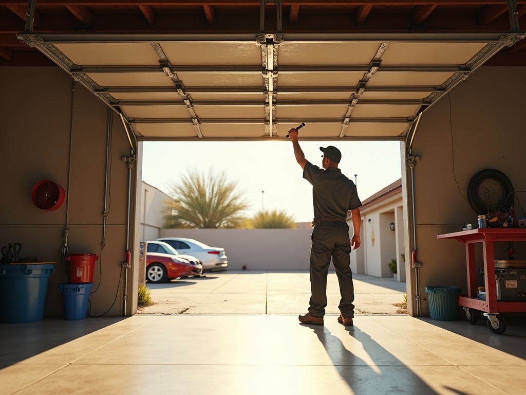 Close-up of a garage door spring replacement being performed inside a Waddell Arizona home near the White Tank Mountain foothills