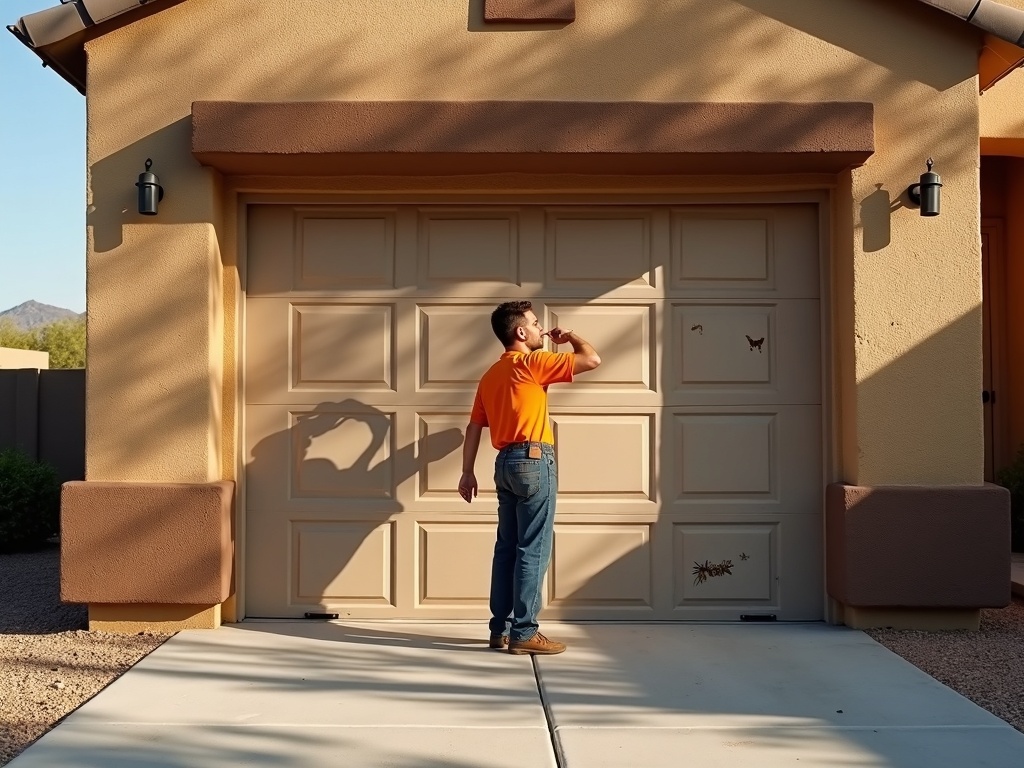 Technician performing garage door repair on a ranch-style home near Clubhouse Square in Youngtown Arizona