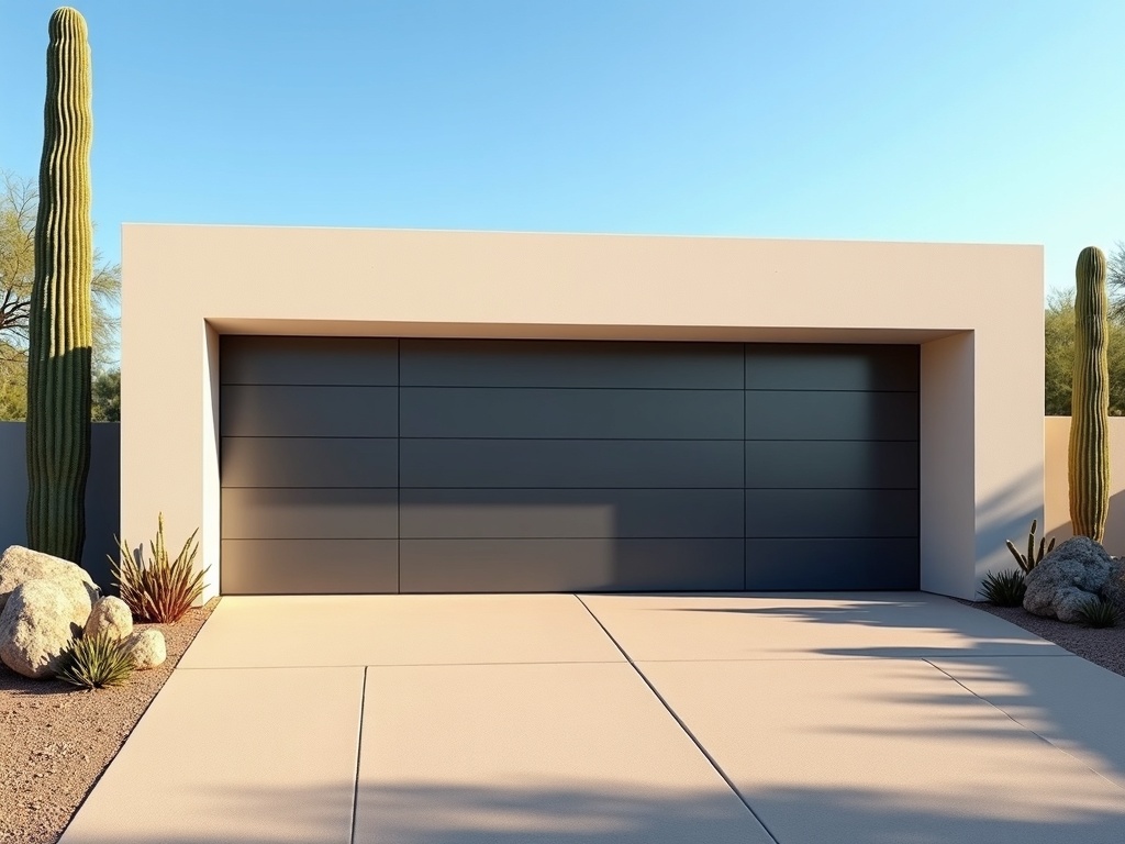 A newly installed garage door on a custom estate home in Carefree Arizona near Tom Darlington Drive, showcasing quality garage door installation service