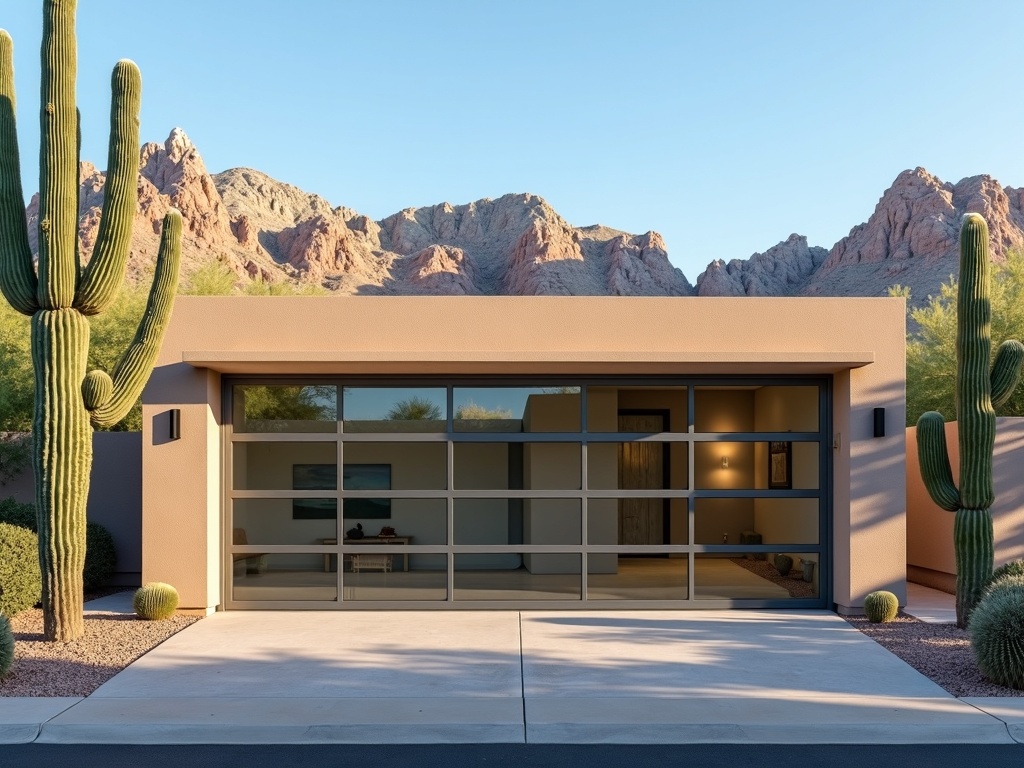 New garage door installation on a residential home near Eagle Mountain in Fountain Hills AZ with Sonoran Desert landscaping