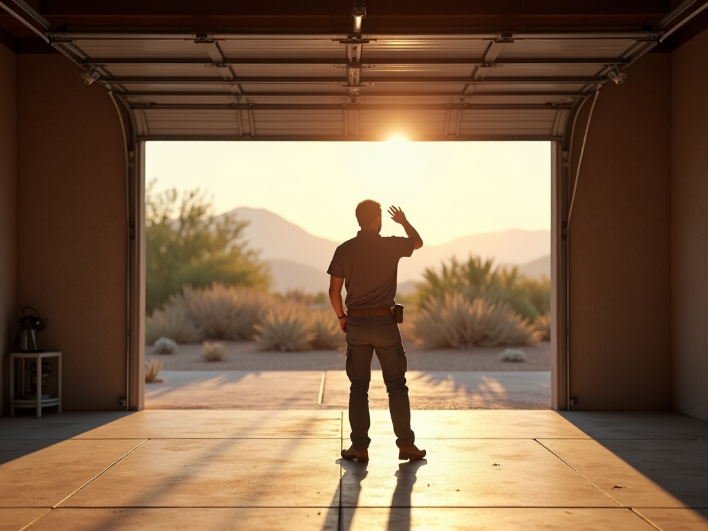 Professional garage door repair technician inspecting a residential garage door in Goodyear's Estrella Mountain Ranch neighborhood