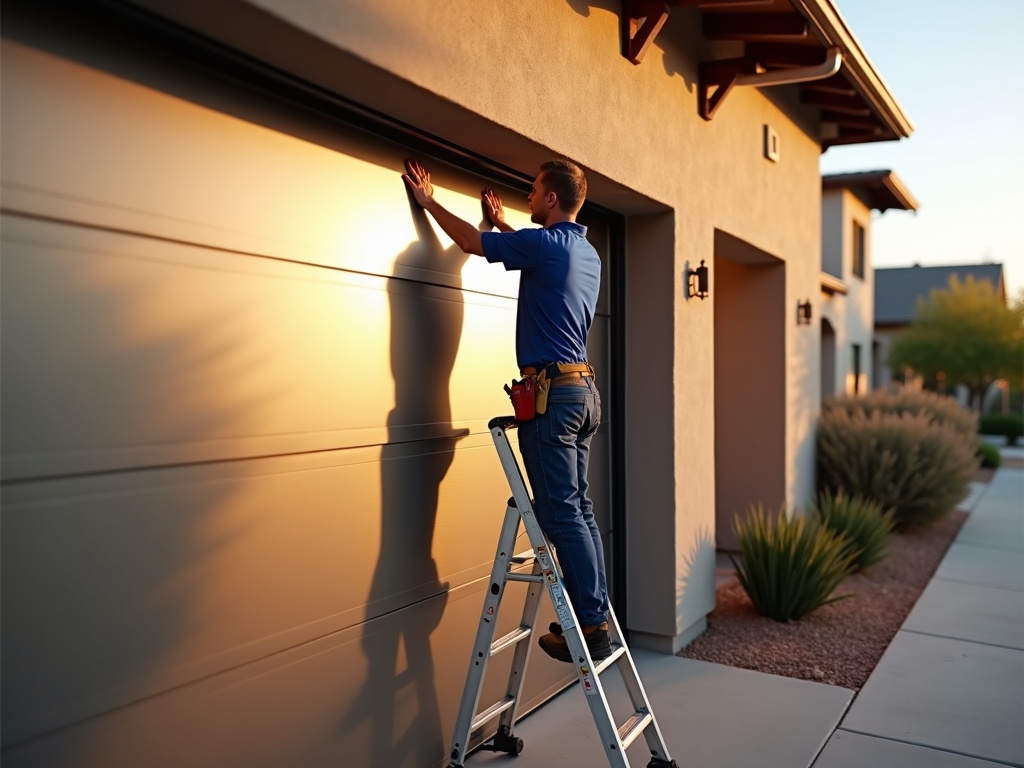 Professional garage door repair service being performed on a two-story Craftsman home near Williams Field Road in Higley Arizona