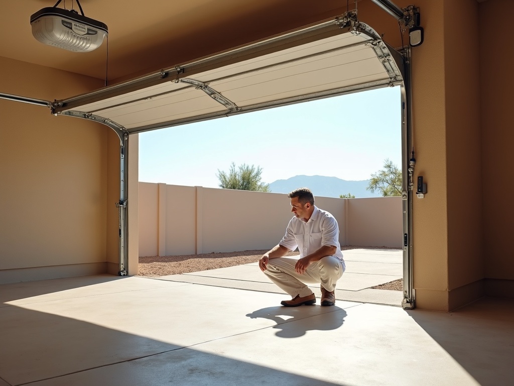 A garage door repair technician inspecting torsion springs on a stucco home garage door in the Rogers Ranch neighborhood of Laveen Arizona